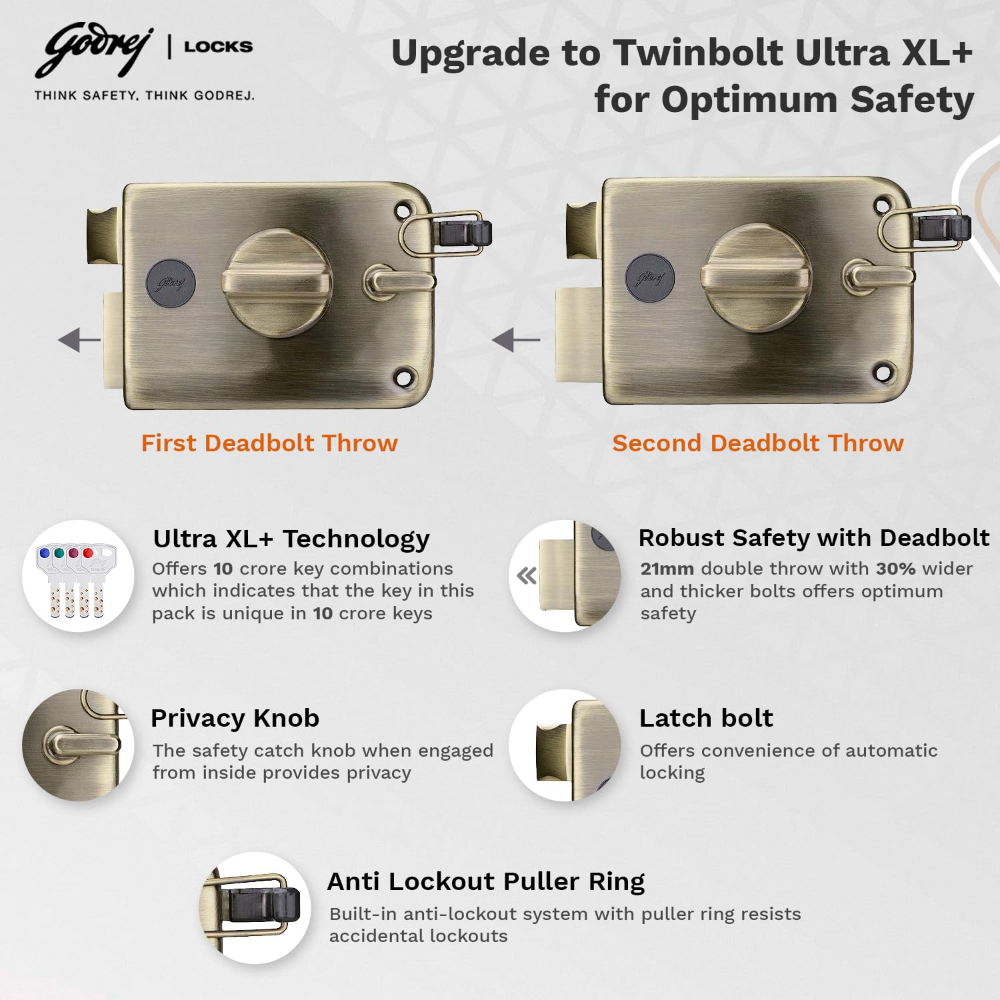 Godrej Rim Lock I Twinbolt Ultra XL plus I 1CK Latchbolt I For Outside Opening Door l LeftorRight Handed Doors I 4 Keys I 5-Year Warranty I Automatic Locking l Antique Copper Finish